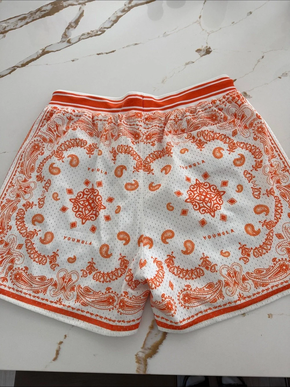 YoungLA White and Orange Paisley Athletic Mesh Shorts L 🔥